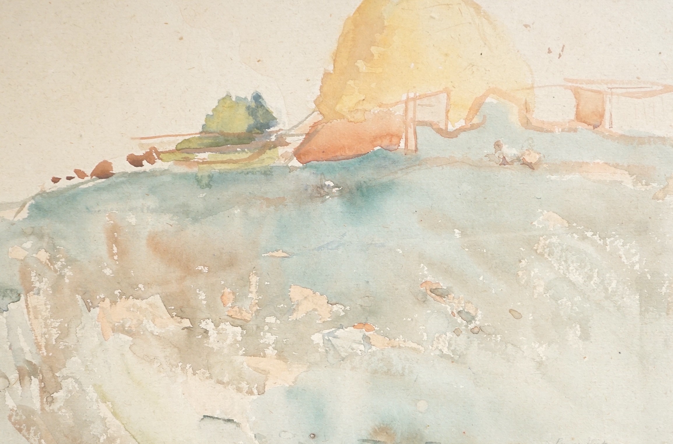 Robert Purvis Flint (1883-1947), watercolour, Hillside sketch, signed, 24 x 36cm and a watercolour of figures beside a bridge, signed Arnold, 29 x 41cm